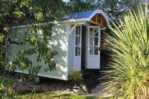 a small green tiny house in a garden at Little England Retreats - Cottage, Yurt and Shepherd Huts in Othery