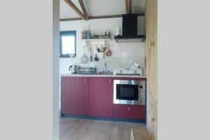 a kitchen with red cabinets and a stove top oven at Vakantiehuisje met bedstee in Diever +4 photos