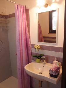 a bathroom with a sink and a pink shower curtain at Agriturismo Fonte Carra in Grottazzolina