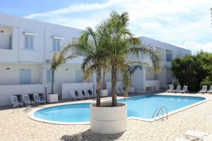 a palm tree in front of a building with a pool at Blumarine Residence Club in Ostuni