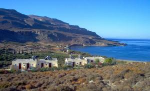 a group of houses on a hill next to the ocean at Kato Zakros Palace Apartments in Káto Zákros