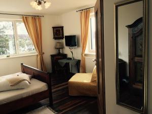 um quarto com um espelho, uma cama e uma cadeira em Pension Marillenhof em Melk