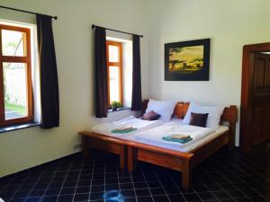 a bed in a room with two windows at Prázdninový dům Vila 12 in Hořovičky