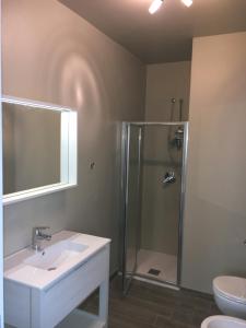 La salle de bains est pourvue d'un lavabo et d'une douche. dans l'établissement B&B Le Farfalle, à Onno