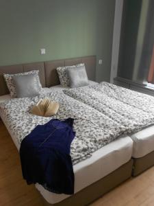 Una cama con dos almohadas y un libro. en Dan In'n Out en Viena