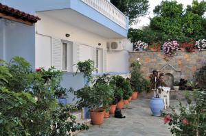 une rangée de plantes en pot devant une maison dans l'établissement Ilias Studios - Rooms, à Patitiri