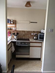 a small kitchen with a stove and a microwave at Grace's HQ in Aldershot