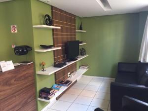 uma sala de estar com paredes verdes e uma televisão em Hospedagem Chamonville em Belo Horizonte