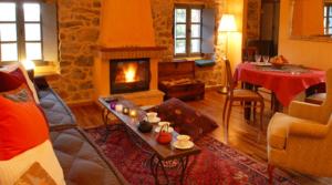 a living room with a fireplace and a table at Astra hotel in Kastania