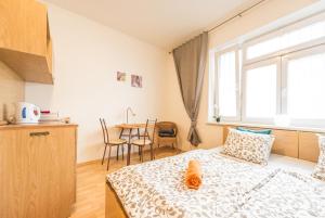 a bedroom with a bed and a table and a window at Apartments Presidential Palace in Bratislava +8 photos