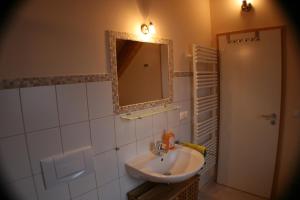 ein Bad mit einem Waschbecken und einem Spiegel in der Unterkunft Ferienwohnung Weinberg in Gründau