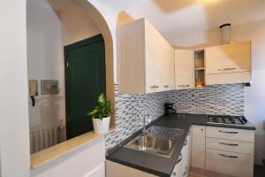 a kitchen with a sink and a green door at Casabb in Toscolano Maderno
