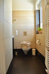 a bathroom with a toilet with towels on it at Ferienwohnungen Gehlberg in Gehlberg