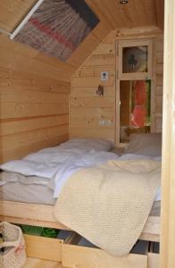 Kamp Jankovic في Gorenjcj: غرفة بسريرين في كابينة خشبية