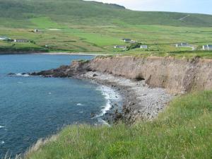 eine Küstenlinie eines Wasserkörpers neben einem Feld in der Unterkunft Coill an Rois B&B in Ballydavid