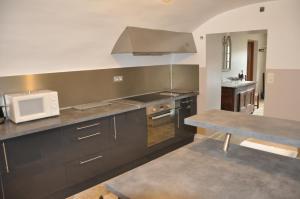 eine Küche mit Spüle und Mikrowelle in der Unterkunft Luc et Corine in Saint-Restitut