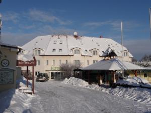 um grande edifício branco com um telhado coberto de neve em Hotel Pesterwitzer Siegel em Dresden