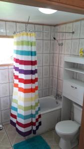 a bathroom with a colorful shower curtain next to a toilet at Cabañas Reflejo de Luna in Castro