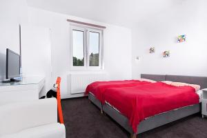 een witte slaapkamer met een rood bed en een raam bij Szekla in Stronie Śląskie