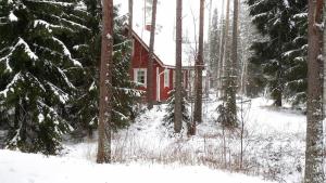 uma cabana vermelha na floresta na neve em Seilorin Lomakylä em Luvia