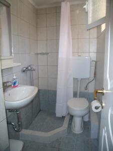 uma casa de banho com um lavatório, um WC e um chuveiro em Zephyros Rooms And Apartments em Drymon