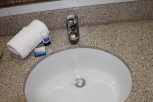 a bathroom sink with a roll of toilet paper on it at Best Western Liberty Inn in Delano