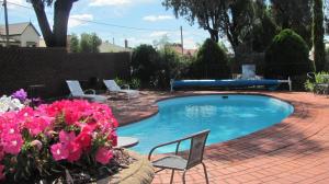 a swimming pool in a yard with chairs and flowers at Bristol Hill Motor Inn in Maryborough