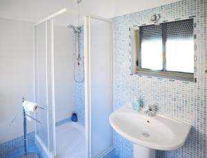 ein blau gefliestes Badezimmer mit Waschbecken und Dusche in der Unterkunft Il Soffio Di Eolo in Popoli
