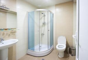 a bathroom with a shower, toilet and sink at Tsaghkahovit Hotel in Tsaghkadzor