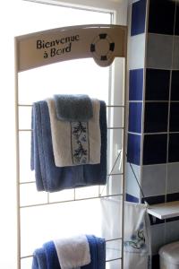 a bathroom with blue towels on a towel rack at La Coutrotte Becquine in Heuilley-sur-Saône