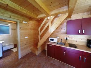 una cocina en una cabaña de madera con paredes de madera en Ferienhaus Blasge, en Bodensdorf