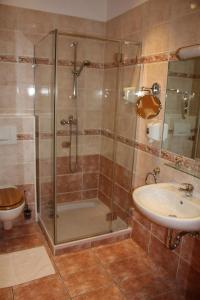 a bathroom with a shower and a sink at Autobahnrestaurant & Motorhotel Zöbern in Zöbern