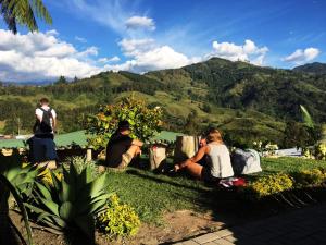 a group of people sitting on the grass looking at the mountains at Viajero Salento Hostel in Salento +36 photos