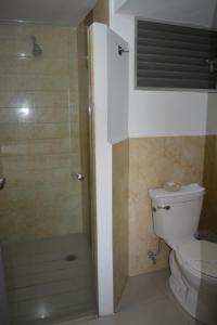 La salle de bains est pourvue d'une douche et de toilettes. dans l'établissement Hotel del Parque, à Ciudad del Carmen