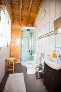 een badkamer met een toilet, een wastafel en een douche bij Stone Dreams - Adega in Calheta de Nesquim