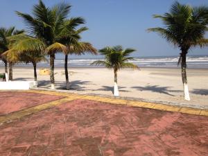 a row of palm trees on a beach with the ocean at Apartamento frente ao mar Florida Praia Grande in Praia Grande