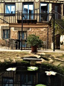 una piscina de agua con lirios frente a un edificio en Casa Rural Cabo la Aldea, en Mogarraz