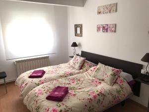 拉斯納瓦斯德爾馬爾克斯的住宿－Del Marqués，一间卧室配有两张床,提供紫色毛巾
