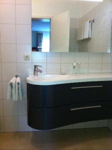 ein Bad mit einem Waschbecken und einem Spiegel in der Unterkunft Gästehaus Café Ruff in Happurg