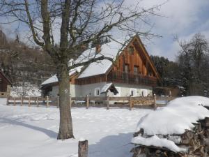 un granero de madera grande con nieve en el suelo en Ferienhaus "Zur alten Schmiede" en Mariahof