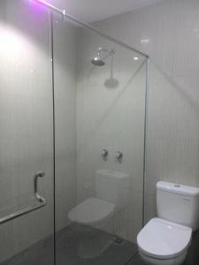 La salle de bains est pourvue de toilettes et d'une douche en verre. dans l'établissement Sinabung Hills Berastagi, à Berastagi