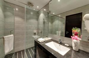 a bathroom with a sink and a large mirror at Hotel Combermere in Shimla