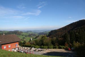 a view of a mountain with a building and a valley at Apartment Hulfteggpass in Mühlrüti