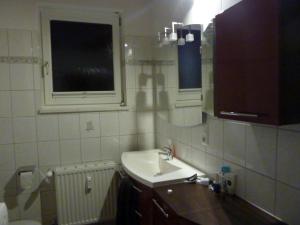ein Bad mit einem Waschbecken und einem Spiegel in der Unterkunft Ferienwohnung mit Blick auf die Buchensteinwand in Hochfilzen