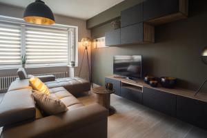 ein Wohnzimmer mit einem Sofa und einem Flachbild-TV in der Unterkunft O-Mer Oostende in Ostende
