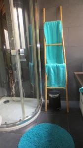 a bathroom with a blue chair and a shower at Loft-Terraza Laurel in Logroño