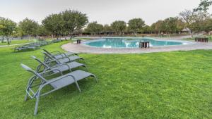a row of chairs in a park with a pool at Gondwana Damara Mopane Lodge in Mopane Pos