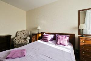 モスクワにあるApartments Akademika Glushko, 14к1のベッドルーム1室(紫色の枕と椅子付きのベッド1台付)