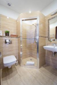 a bathroom with a shower and a toilet and a sink at Ventus Rosa Apartments in Krakow