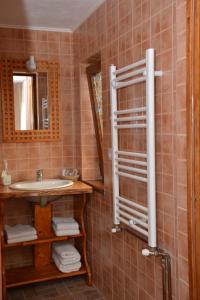 uma casa de banho com um lavatório e um espelho em Pensiunea Margareta em Sita Buzăului